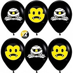 S Шар (12''/30 см) Хеллоуин Emoji Черный Пастель 2цв 2ст 50шт