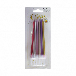 Свечи Классик XL Ассорти Макаронс металлик с держателями 6шт 1уп фотография