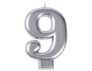 Свеча Цифра 9 Серебряная 8см 1шт фотография