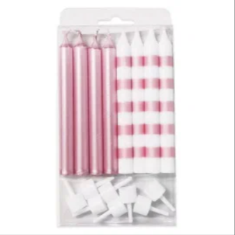 Свечи  Перламутр Розовый/Белый в полоску Ассорти с держателями 8см 8шт 1уп фотография