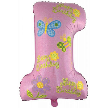 F Цифра 1 34''/86 см) Первый ДР HB Девочка Розовый 1шт