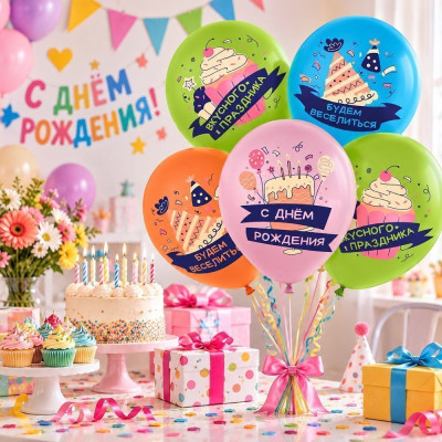 512 Шар (12''/30 см) С ДР Вкусного праздника Ассорти Пастель 1ст 25шт 512 продажа в интернет - магазине ПраздникМастер