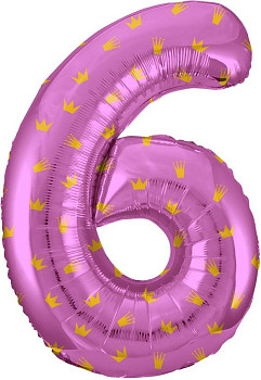 F Цифра 6 (34''/86 см) Золотые короны Розовый 1шт