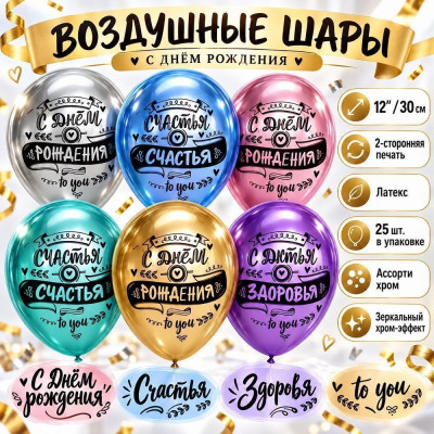 ДБ Шар (12''/30 см) С ДР Пожелания Ассорти Хром 2ст 25шт ДОН БАЛЛОН продажа в интернет - магазине ПраздникМастер