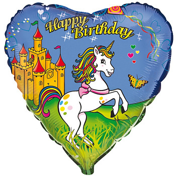 Ф Сердце (18''/46 см) С ДР HB Единорог Синий 1шт