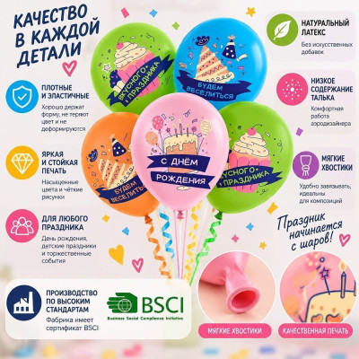 512 Шар (12''/30 см) С ДР Вкусного праздника Ассорти Пастель 1ст 25шт 512 продажа в интернет - магазине ПраздникМастер