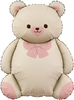 F Фигура (35''/89 см) Мишка с бантом Бежевый/Розовый Сатин 1шт