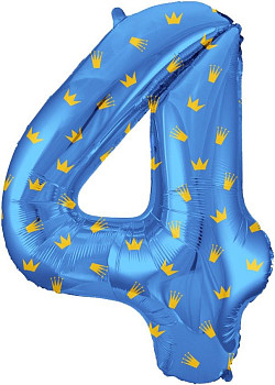 F Цифра 4 (34''/86 см) Золотые короны Голубой 1шт
