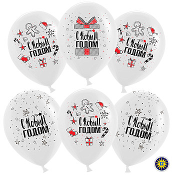 ВВ Шар (12''/30 см) С Новым Годом! Снежинки и подарки Белый Пастель 2цв 5ст 50шт