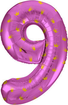 F Цифра 9 (34''/86 см) Золотые короны Розовый 1шт