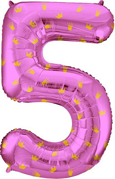 F Цифра 5 (34''/86 см) Золотые короны Розовый 1шт
