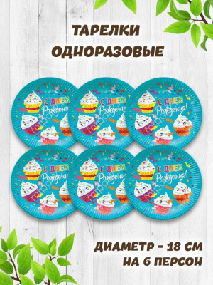 Тарелка С ДР Капкейки 23см 6шт 1уп